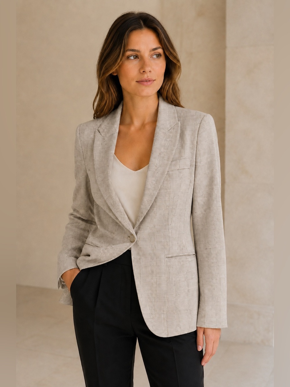 Haven + Blair London Beige Plaid Fitted Blazer Jacket Size Small